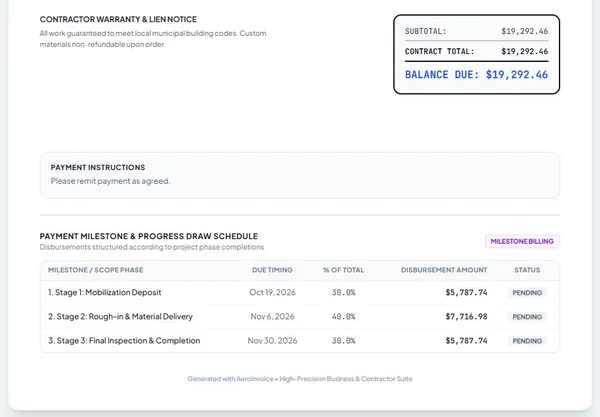 An invoice with a 30/40/30 progress draw schedule (sample data)
