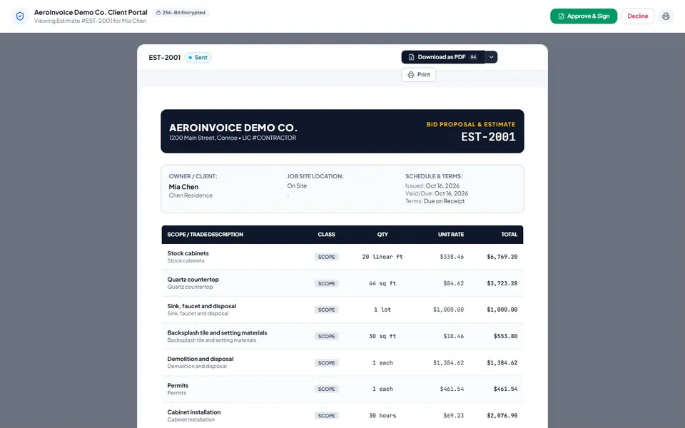 The estimate link as the client sees it on a computer, with Approve and Sign (sample data)