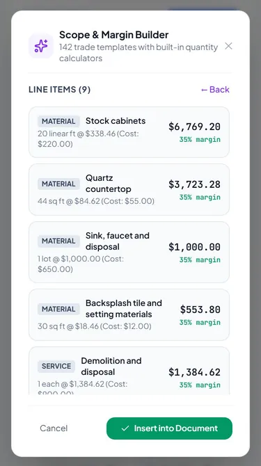 Scope and margin builder on a phone, pricing a kitchen remodel from a trade template (sample data)