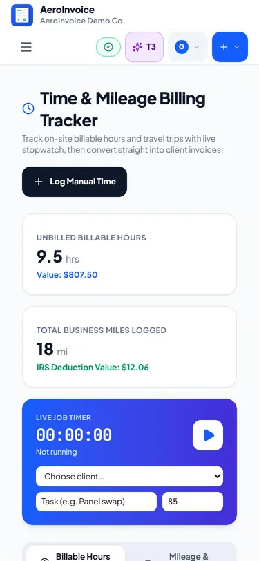 Time and mileage tracker with logged hours and a trip (sample data)